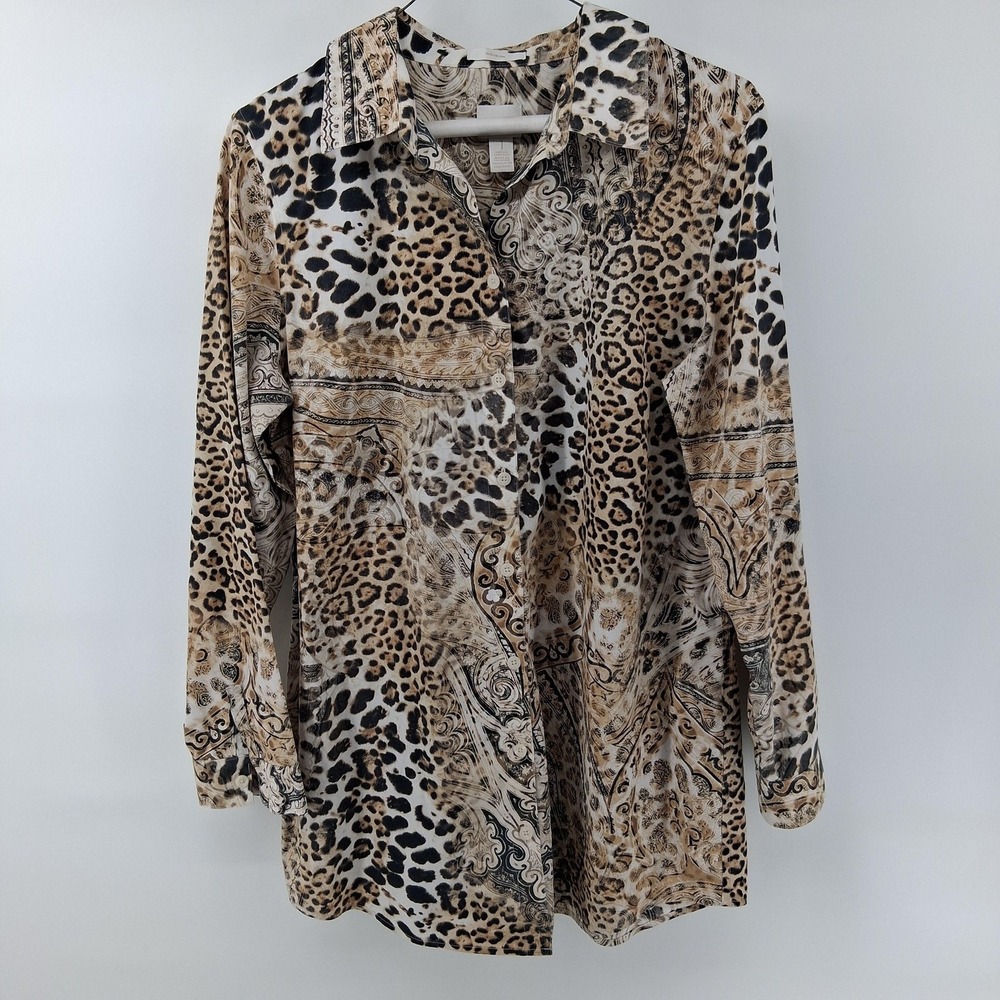 Chicos Shirt Womens 1 Brown Animal Print Button Front Long Sleeve Tunic Cotton